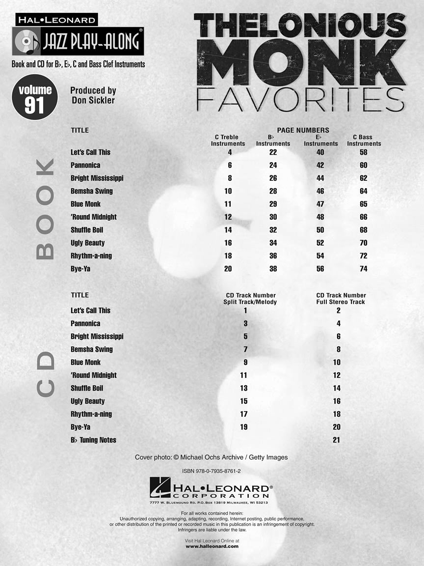 Thelonious Monk Favourites - Jazz Play Along Volume 91 Book