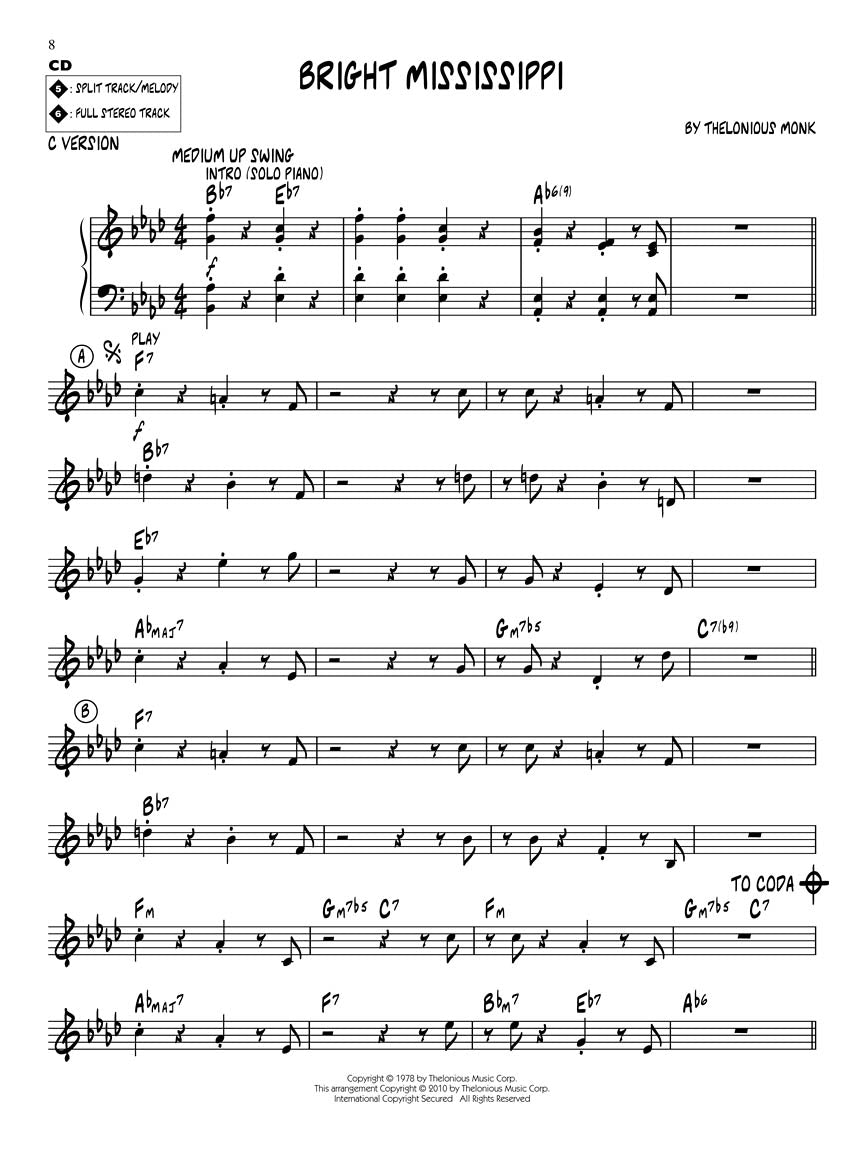 Thelonious Monk Favourites - Jazz Play Along Volume 91 Book