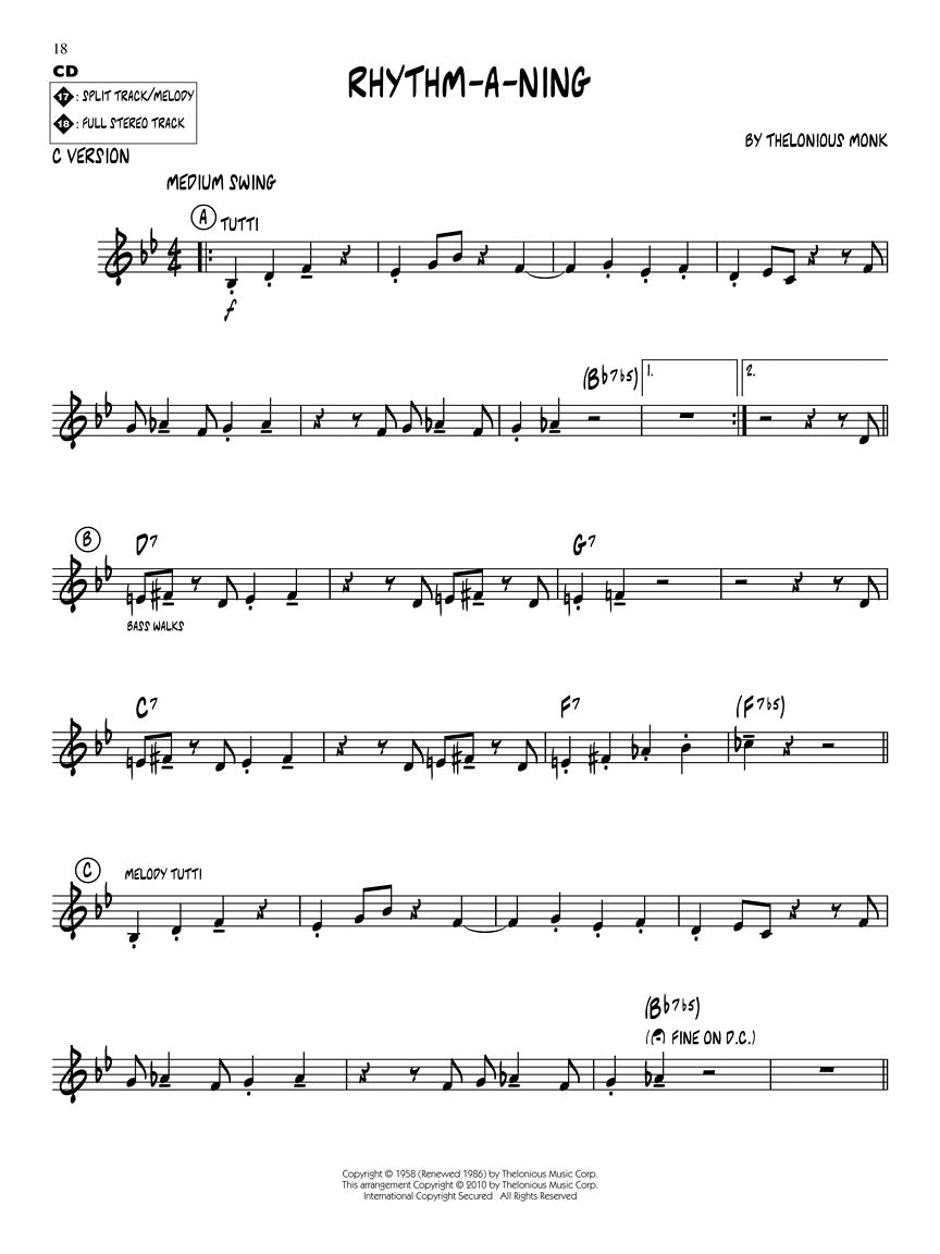 Thelonious Monk Favourites - Jazz Play Along Volume 91 Book