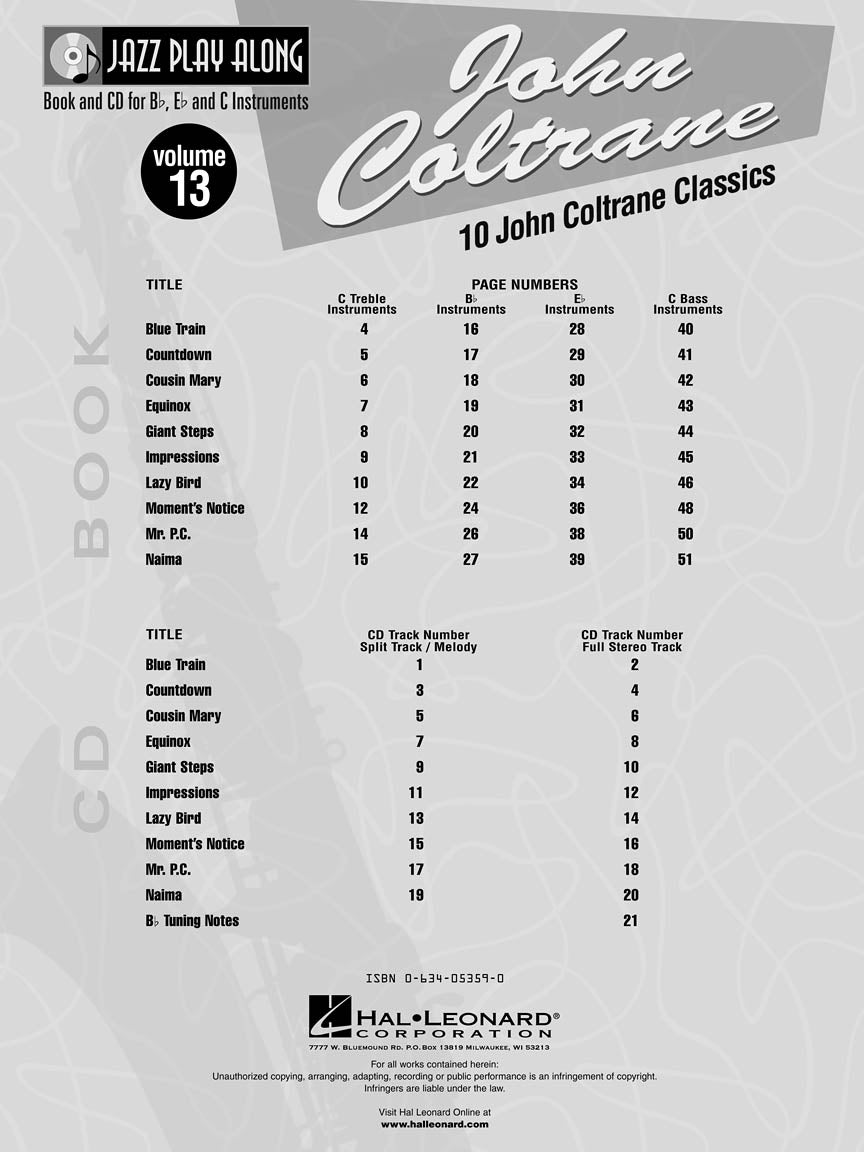 John Coltrane - Jazz Play Along Volume 13 Book/Cd