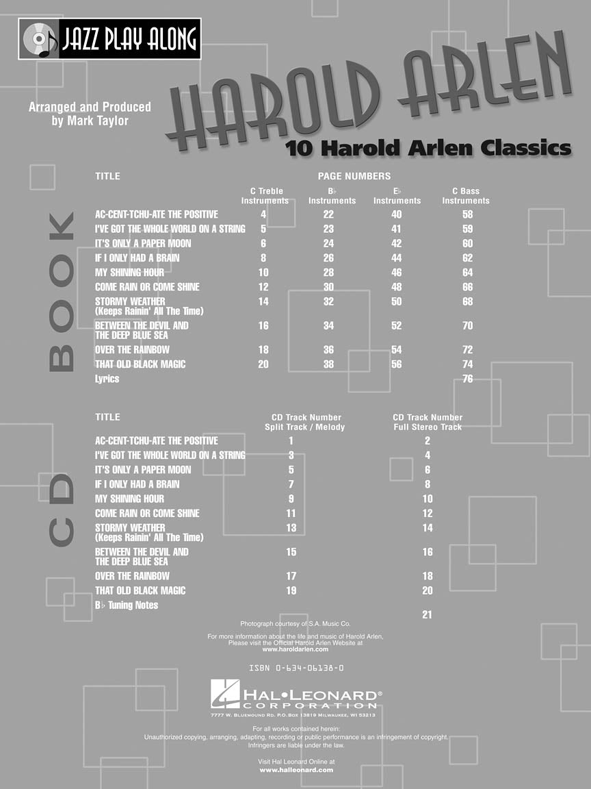 Harold Arlen - Jazz Play Along Volume 18 Book/Cd