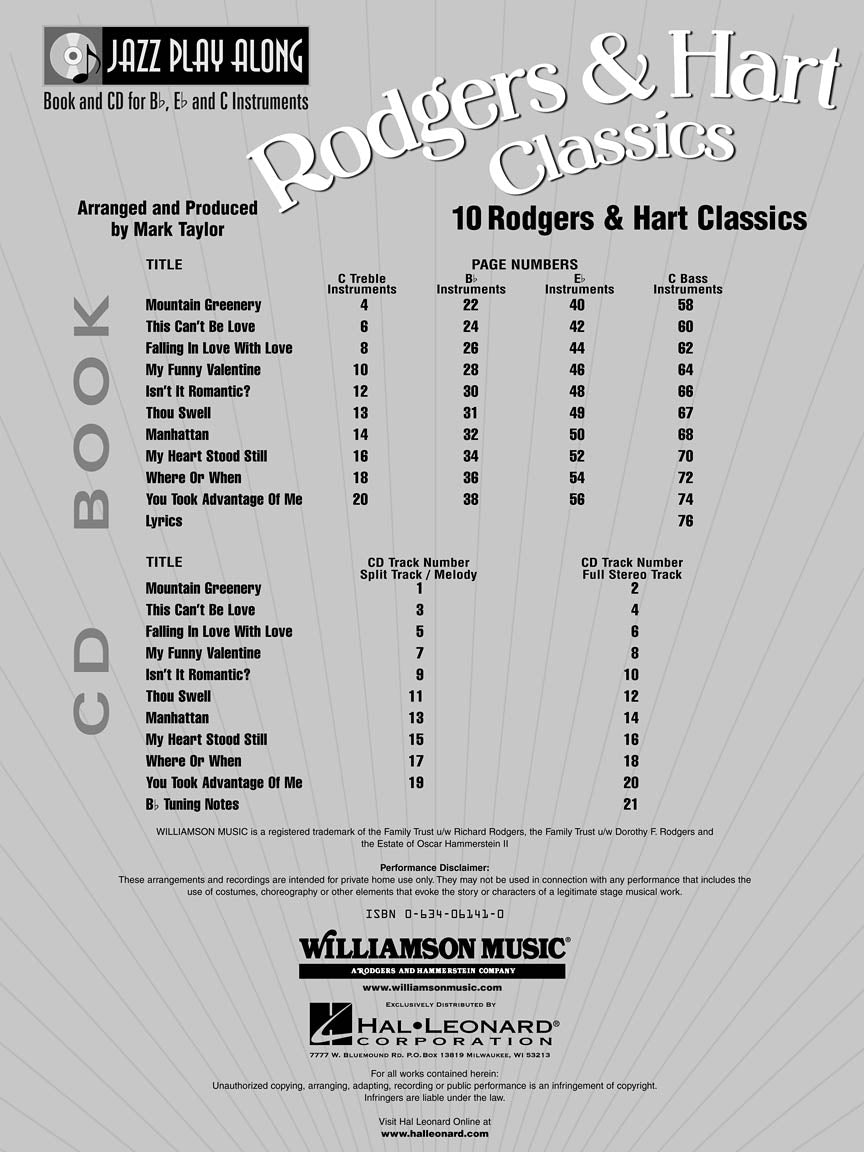 Rodgers And Hart Classics - Jazz Play Along Book/Cd