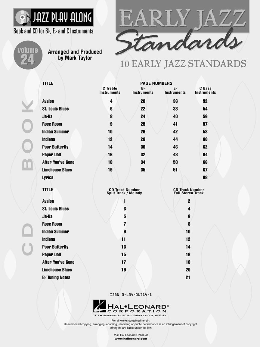 Early Jazz Standards - Jazz Play Along Volume 24 Book/Cd