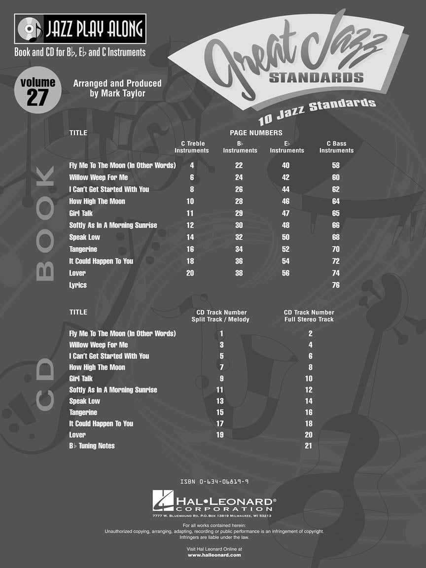 Great Jazz Standards Jazz Play Along Volume 27 Book/Cd