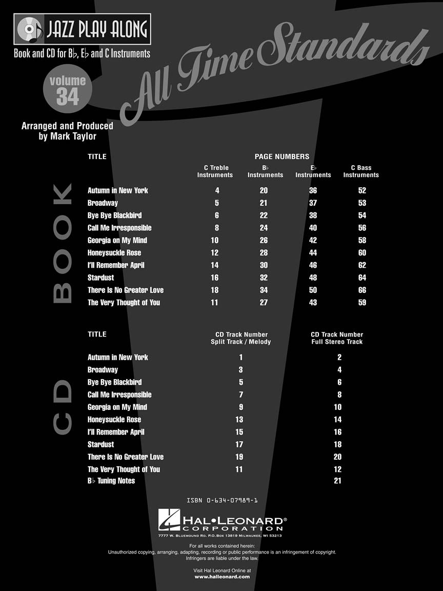 All Time Standards - Jazz Play Along Volume 34 Book/Cd