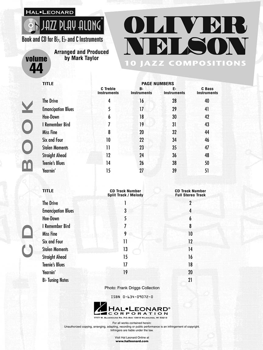 Oliver Nelson Jazz Play Along Volume 44 Book/Cd