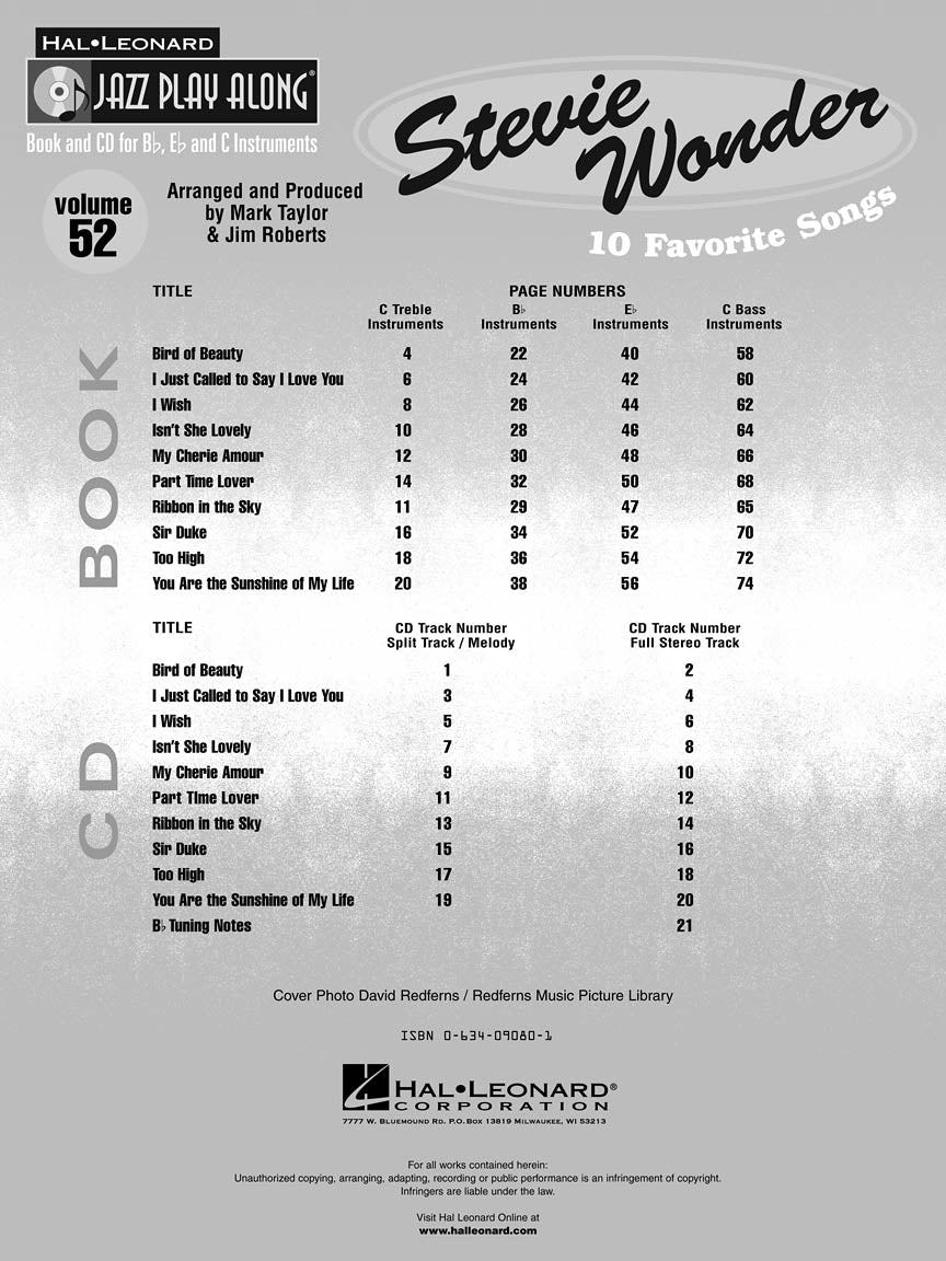 Stevie Wonder Jazz Play Along Volume 52 Book/Cd