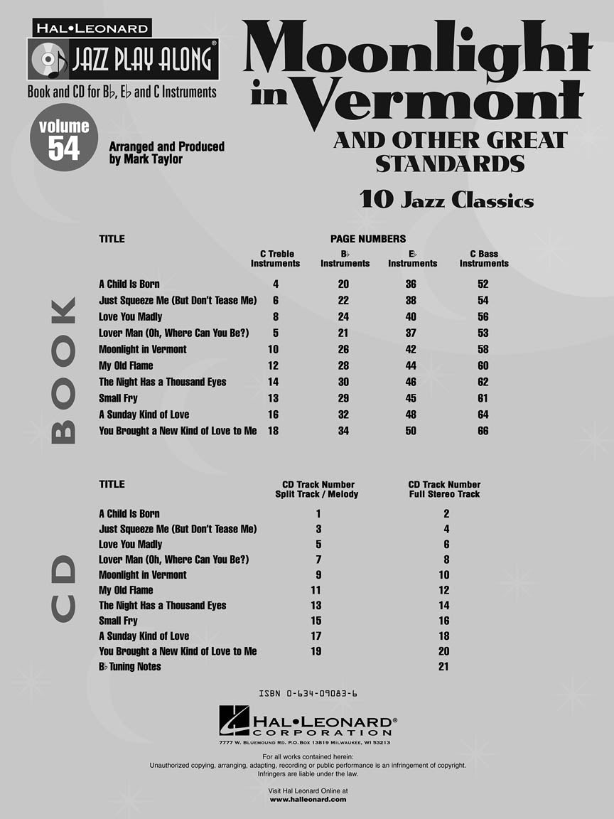 Moonlight In Vermont - Jazz Play Along Volume 54 Book/Cd