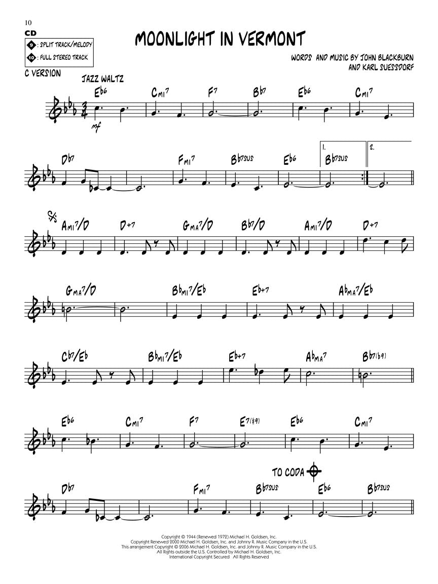 Moonlight In Vermont - Jazz Play Along Volume 54 Book/Cd
