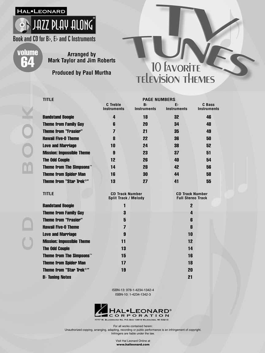 Tv Tunes - Jazz Play Along Volume 64 Book/Cd