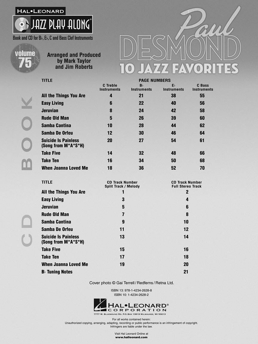 Paul Desmond - Jazz Play Along Volume 75 Book/Cd