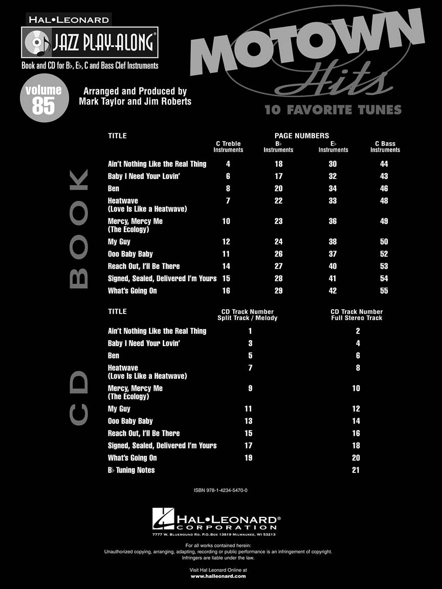 Motown Hits Jazz Play Along Volume 85 Book/Cd