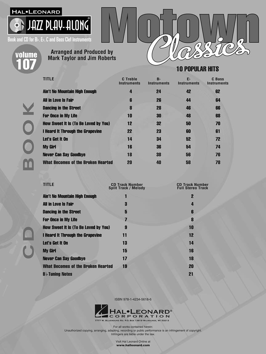 Motown Classics - Jazz Play Along Volume 107 Book/Cd