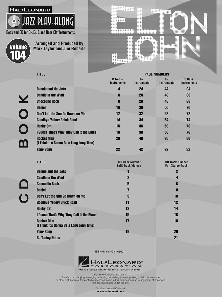 Elton John - Jazz Play Along Volume 104 Book/Cd