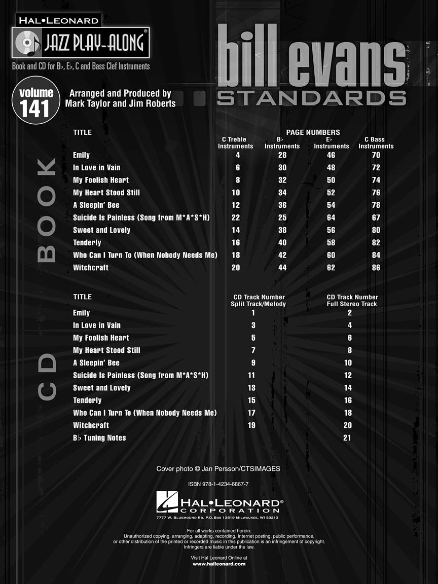 Bill Evans Standards  -Jazz Play Along Volume 141 Book/Cd