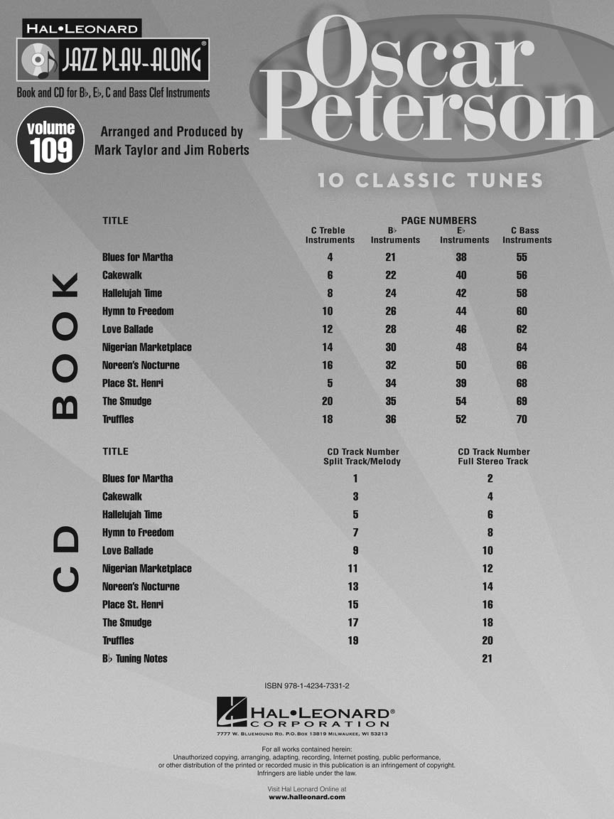 Oscar Peterson - Jazz Play Along Volume 109 Book/Cd