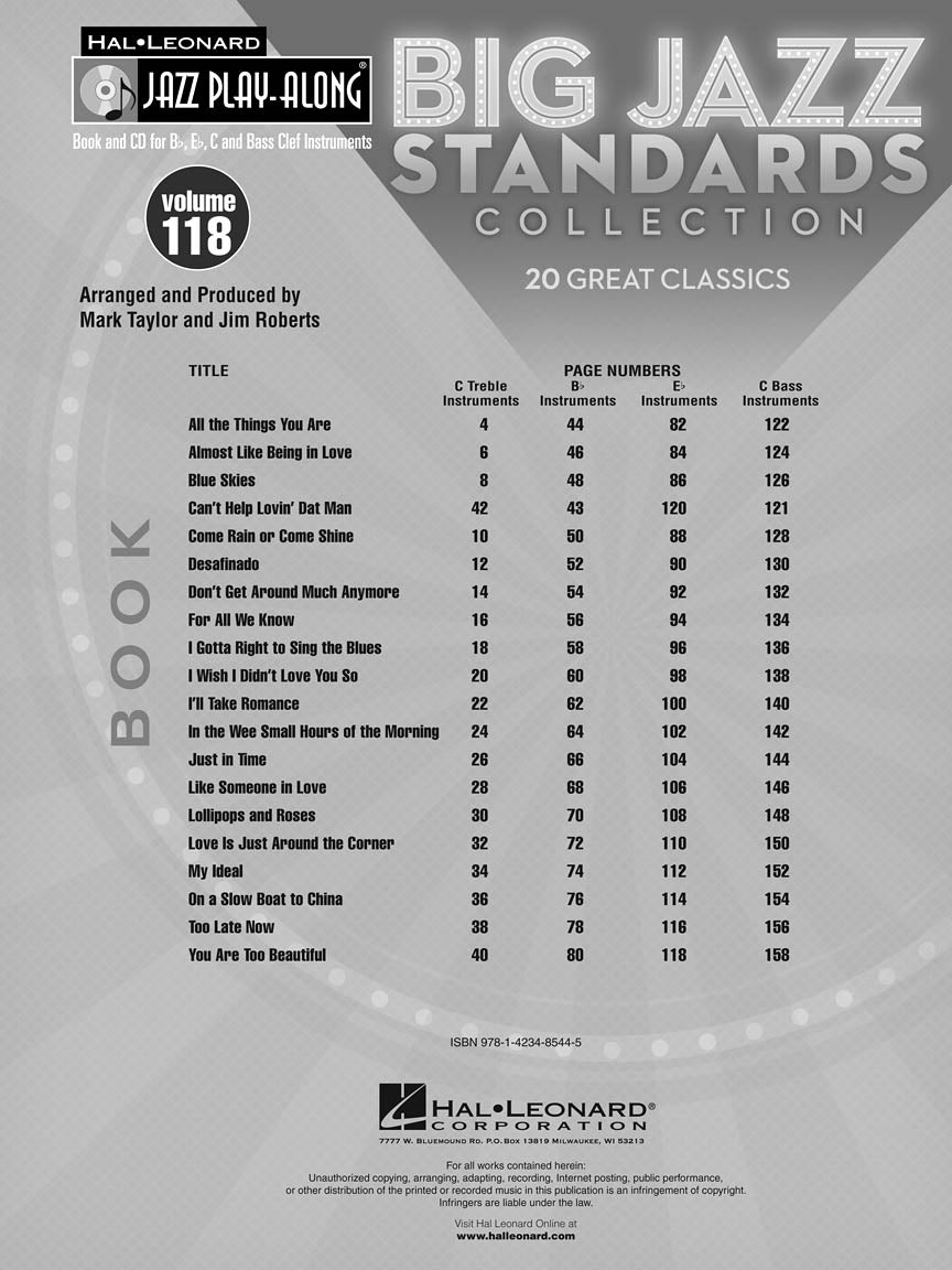 Big Jazz Standards- Jazz Play Along Volume 118 Book/ 2 Cd