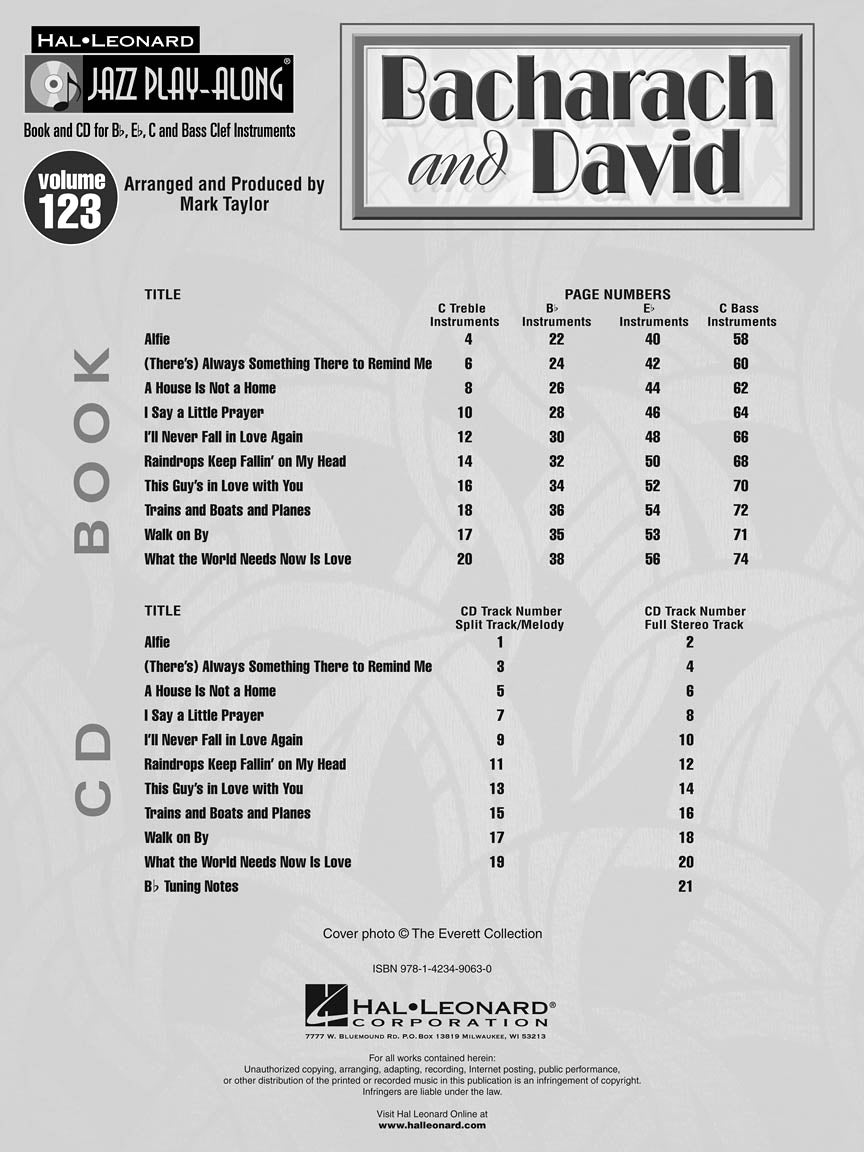 Bacharach & David - Jazz Play Along Volume 123 Book/Cd