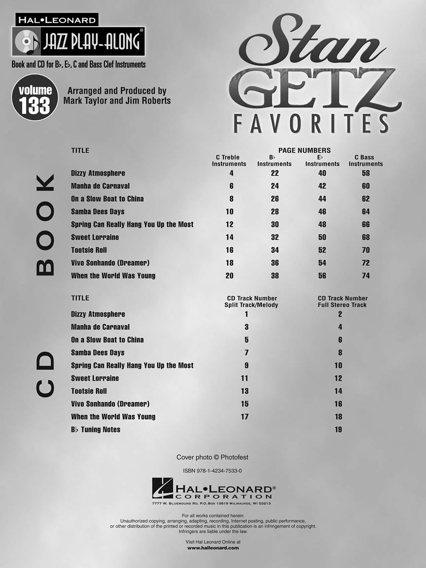 Stan Getz Favourites - Jazz Play Along Volume 133 Book/Cd