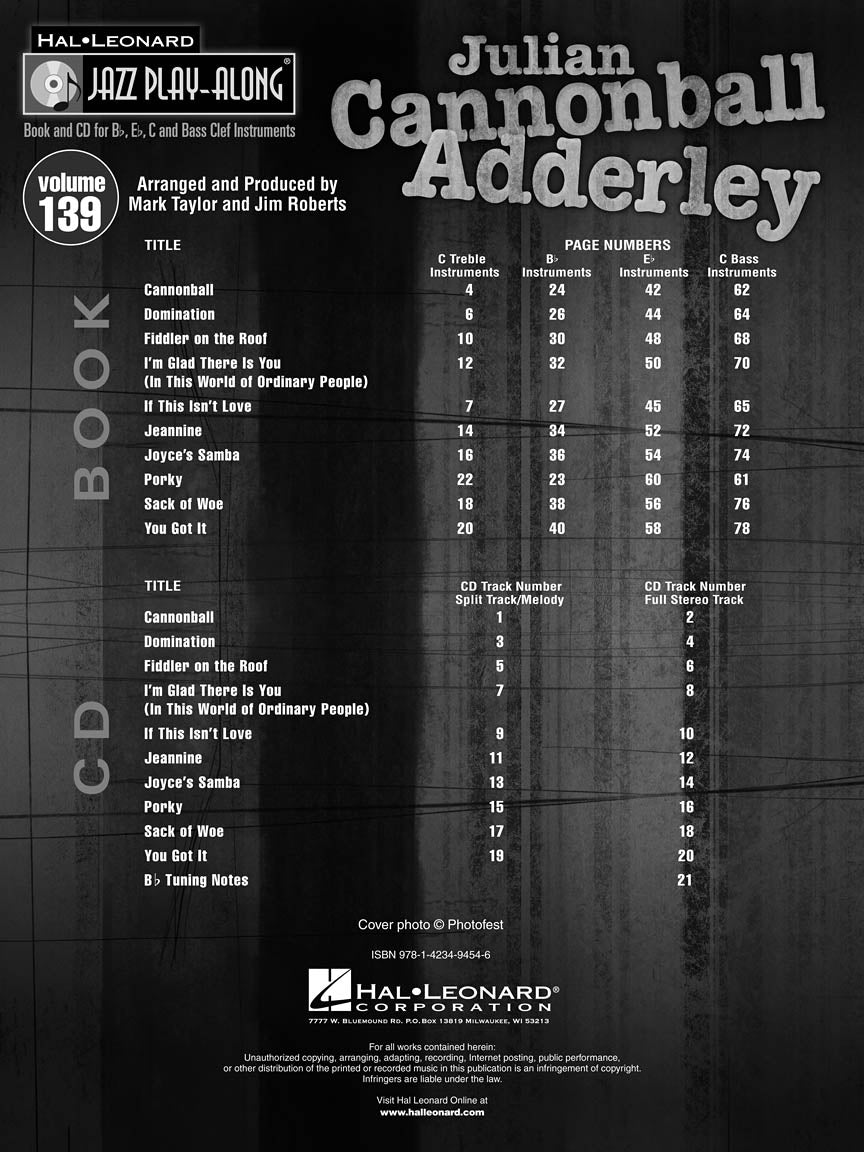 Cannonball Adderley - Jazz Play Along Volume 139 Book/Cd
