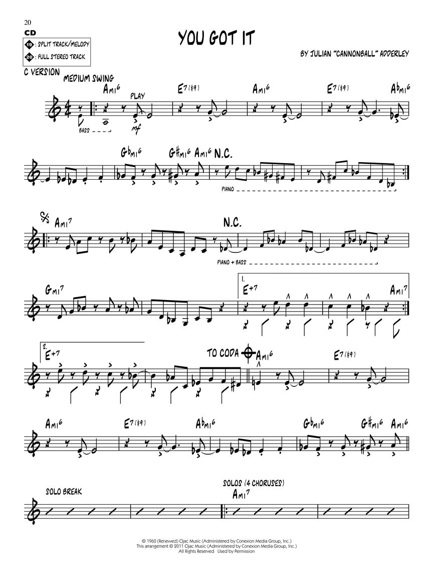 Cannonball Adderley - Jazz Play Along Volume 139 Book/Cd