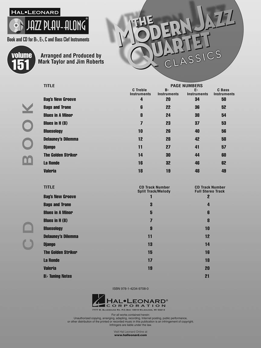 Modern Quartet Classics - Jazz Play Along Volume 1 Book/Cd