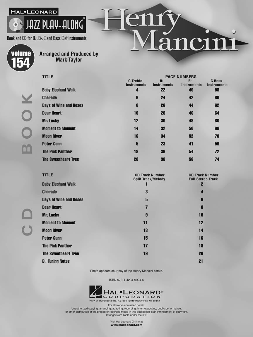 Henry Mancini - Jazz Play Along Volume 154 Book/Cd