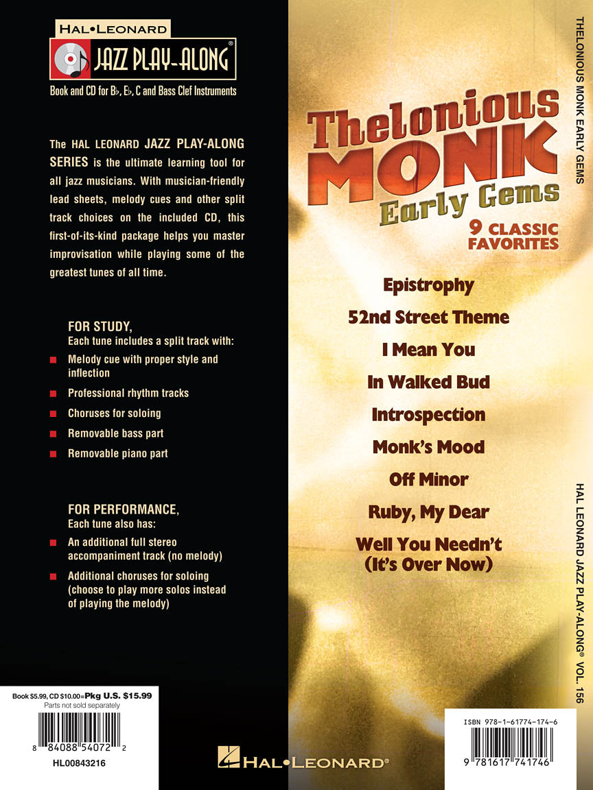 Thelonious Monk Early Gems - Jazz Play Along Volume 156 Book/Cd