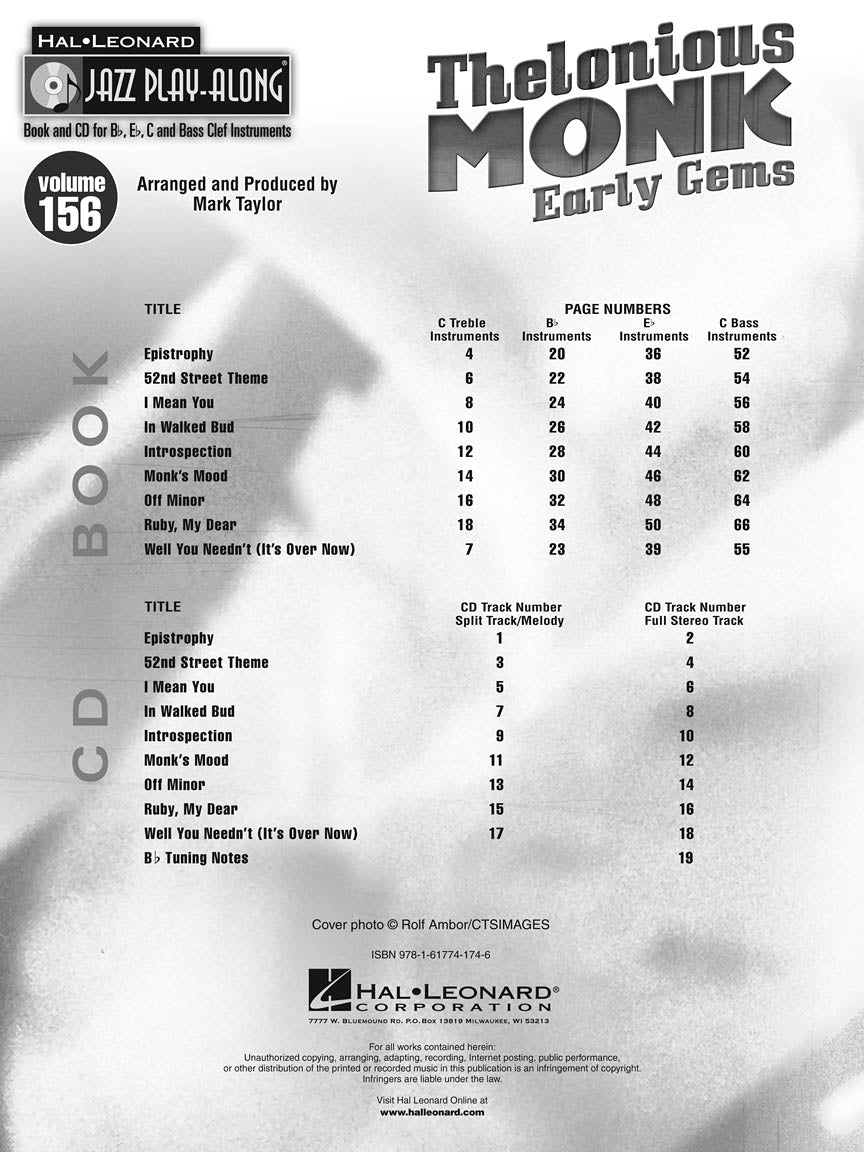 Thelonious Monk Early Gems - Jazz Play Along Volume 156 Book/Cd