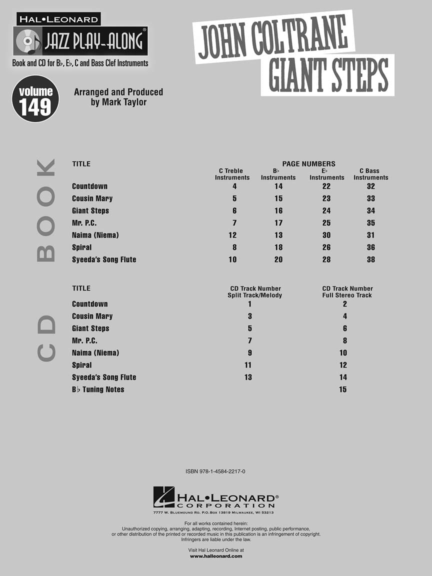 John Coltrane Giant Steps - Jazz Play Along Volume 149 Book/Cd