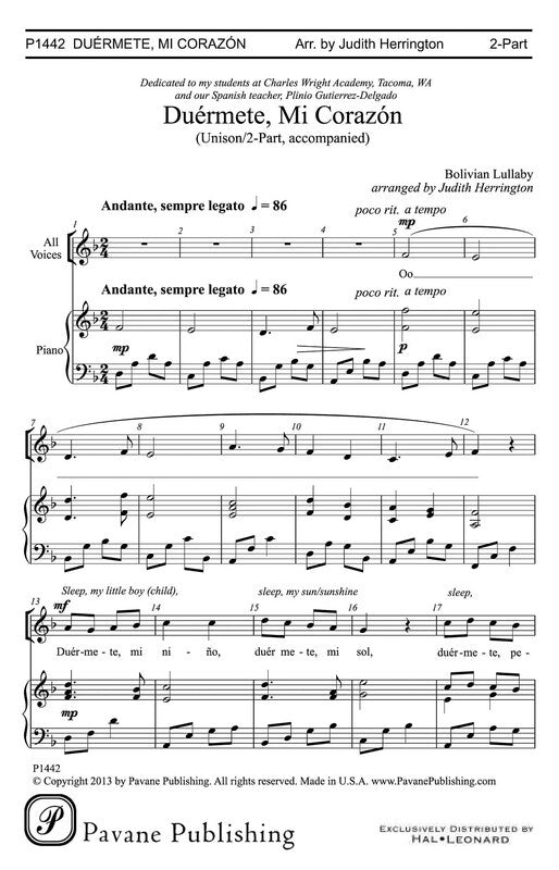 Duermete Mi Corazon - Unison/2 Part Voicing Sheet Music