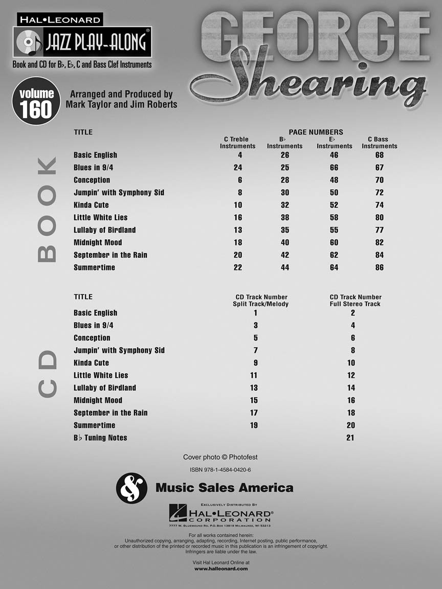 George Shearing - Jazz Play Along Volume 160 Book/Cd