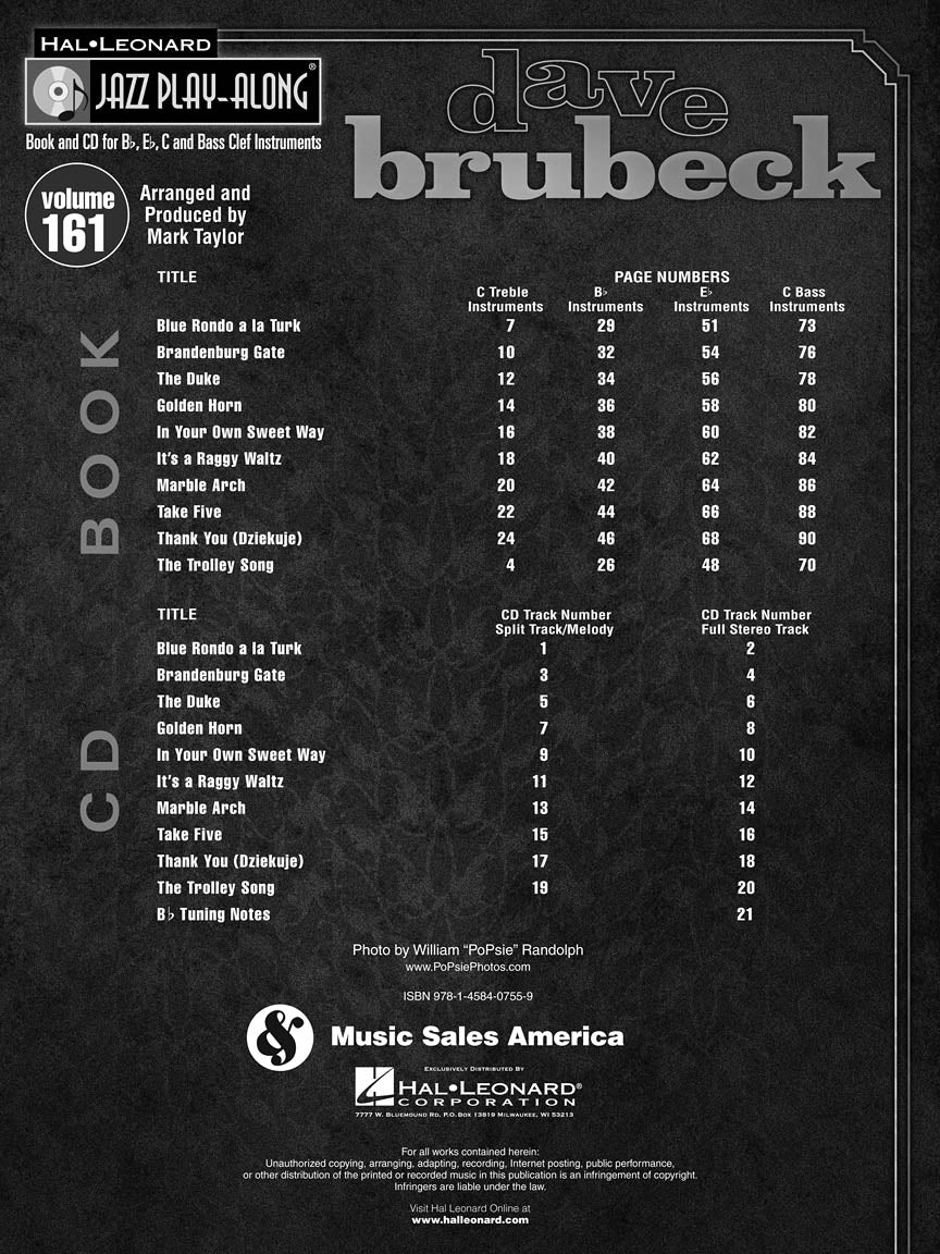 Dave Brubeck - Jazz Play Along Volume 161 Book/Cd
