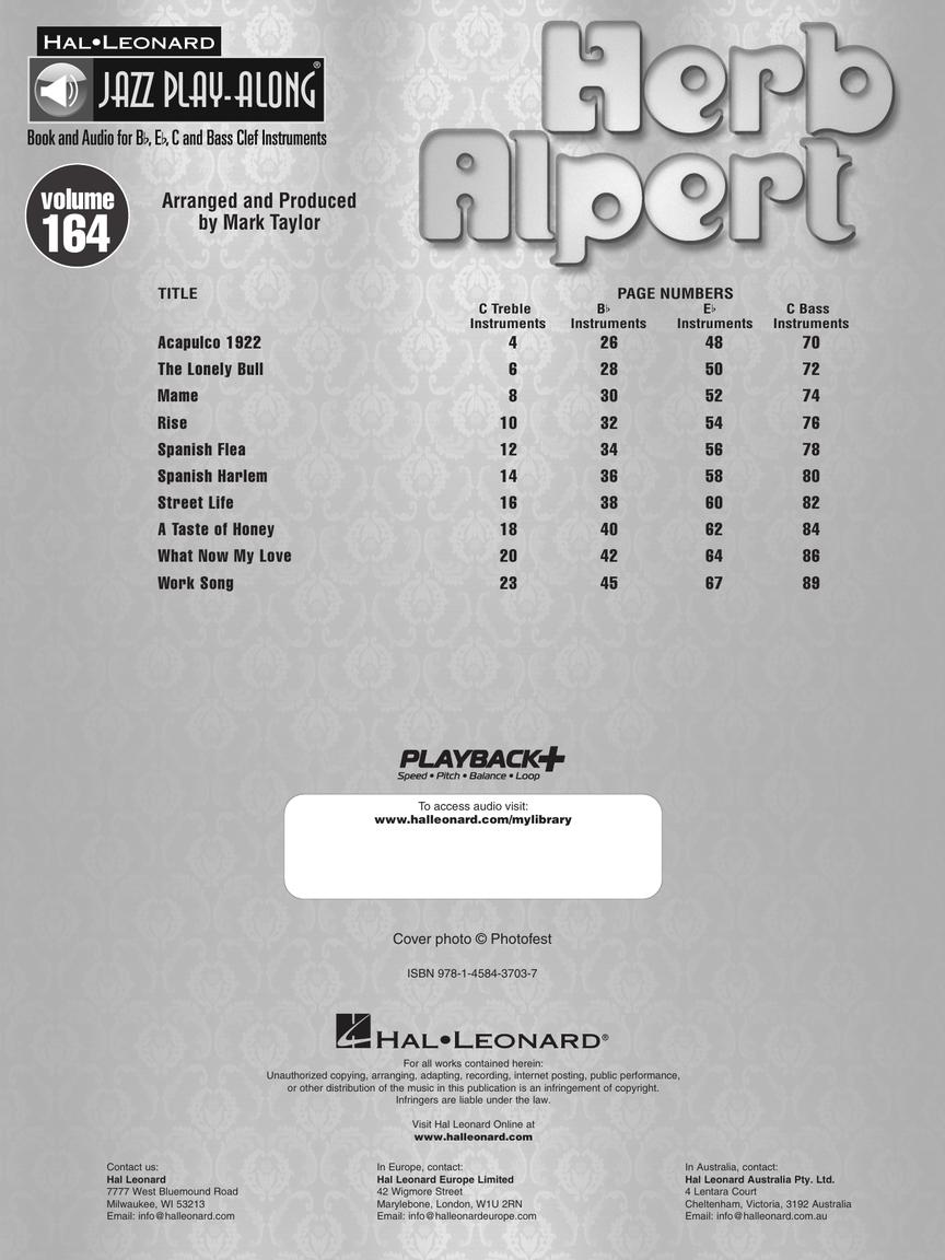 Herb Alpert - Jazz Play Along Volume 164 Book/Ola