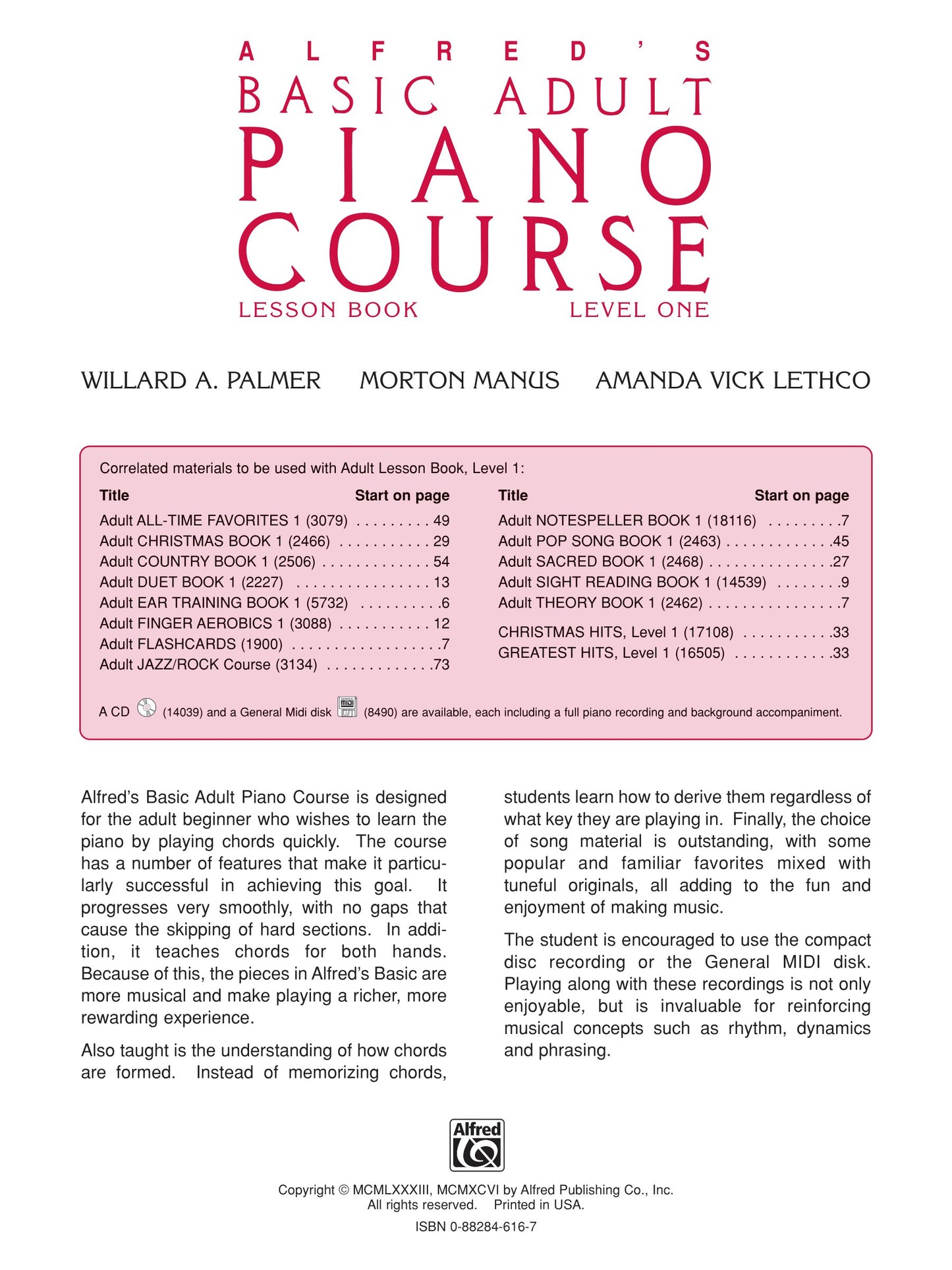 Alfred's Basic Adult Piano Course - Lesson Book 1 (Book and Dvd)