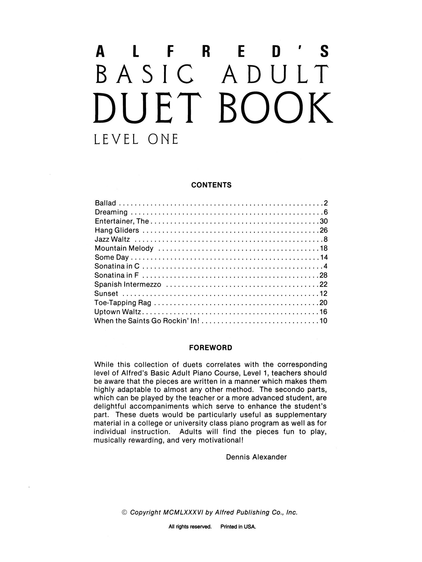 Alfred's Basic Adult Piano Course - Duet Book 1