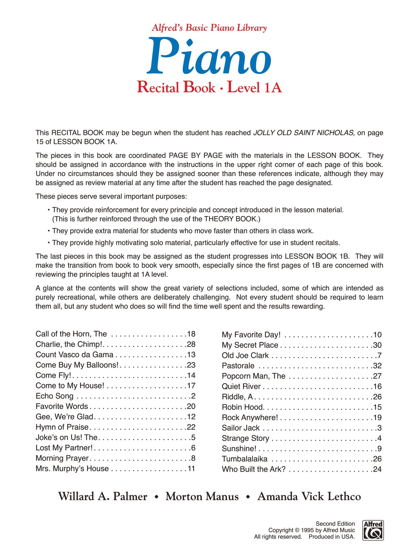 Alfred's Basic Piano Library - Recital Book Level 1A