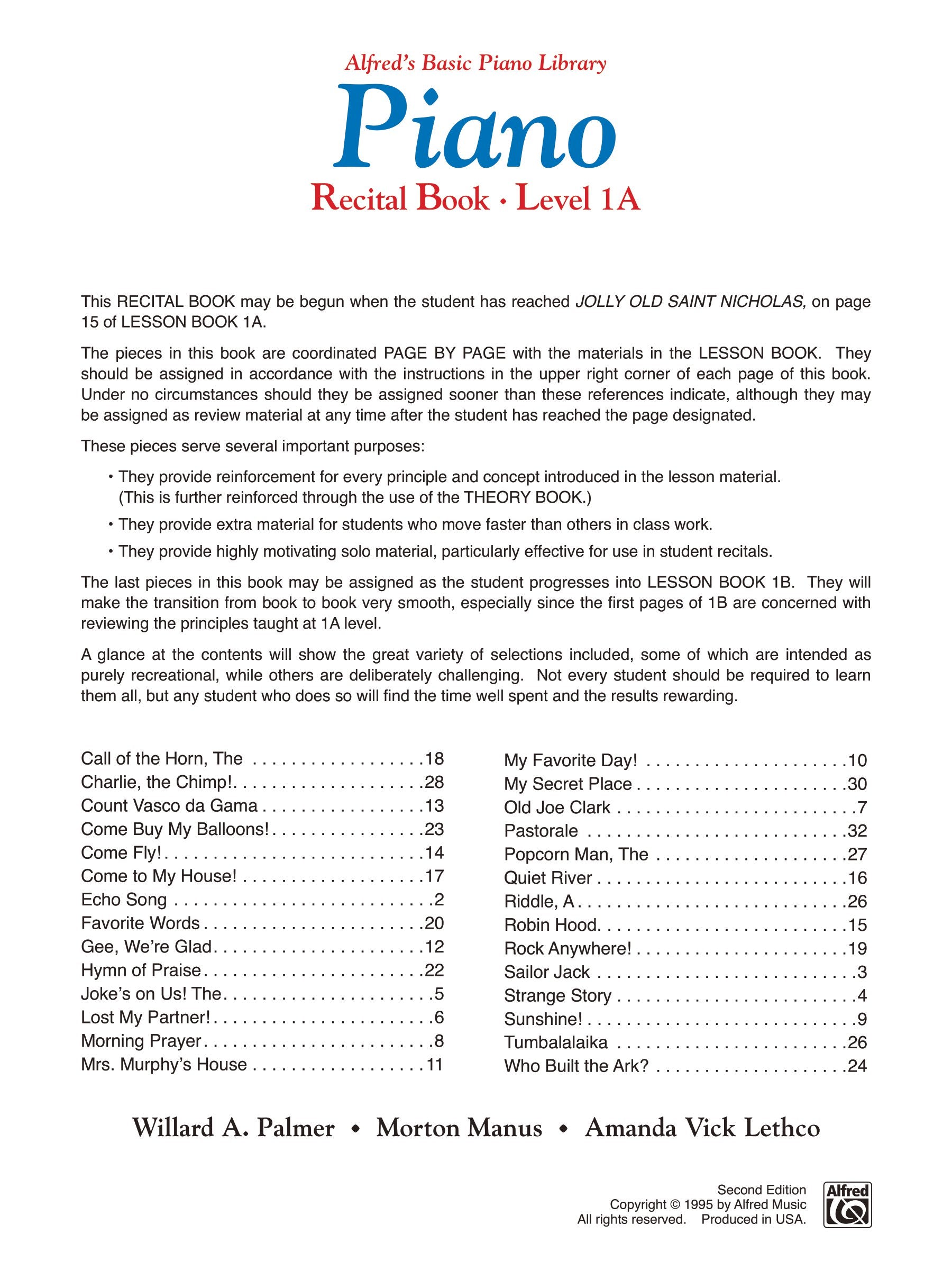 Alfred's Basic Piano Library - Recital Book Level 1A