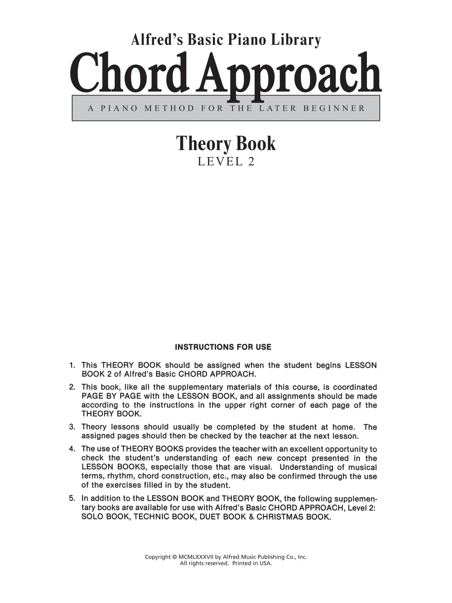 Alfred's Basic Piano Library - Chord Approach Theory Book Level 2